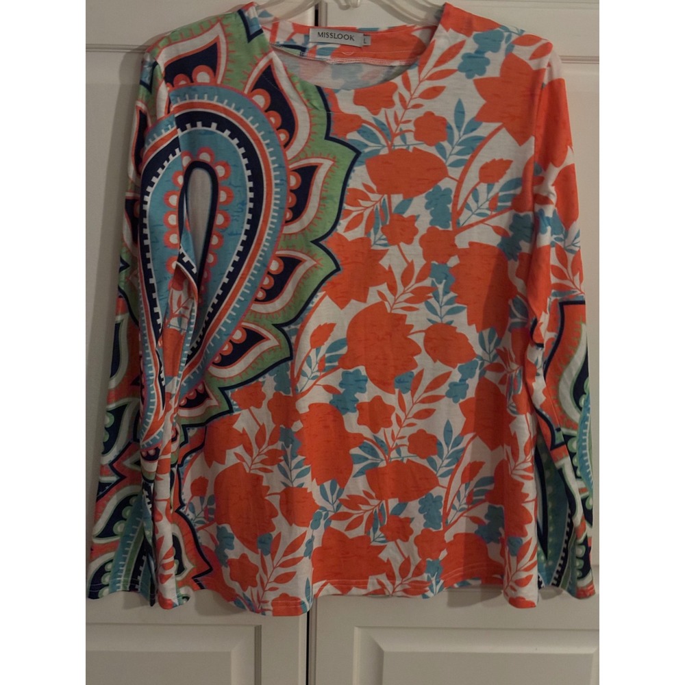 Misslook Womens Orange Floral Paisley Long Sleeve Cotton Blend Top Large 854167